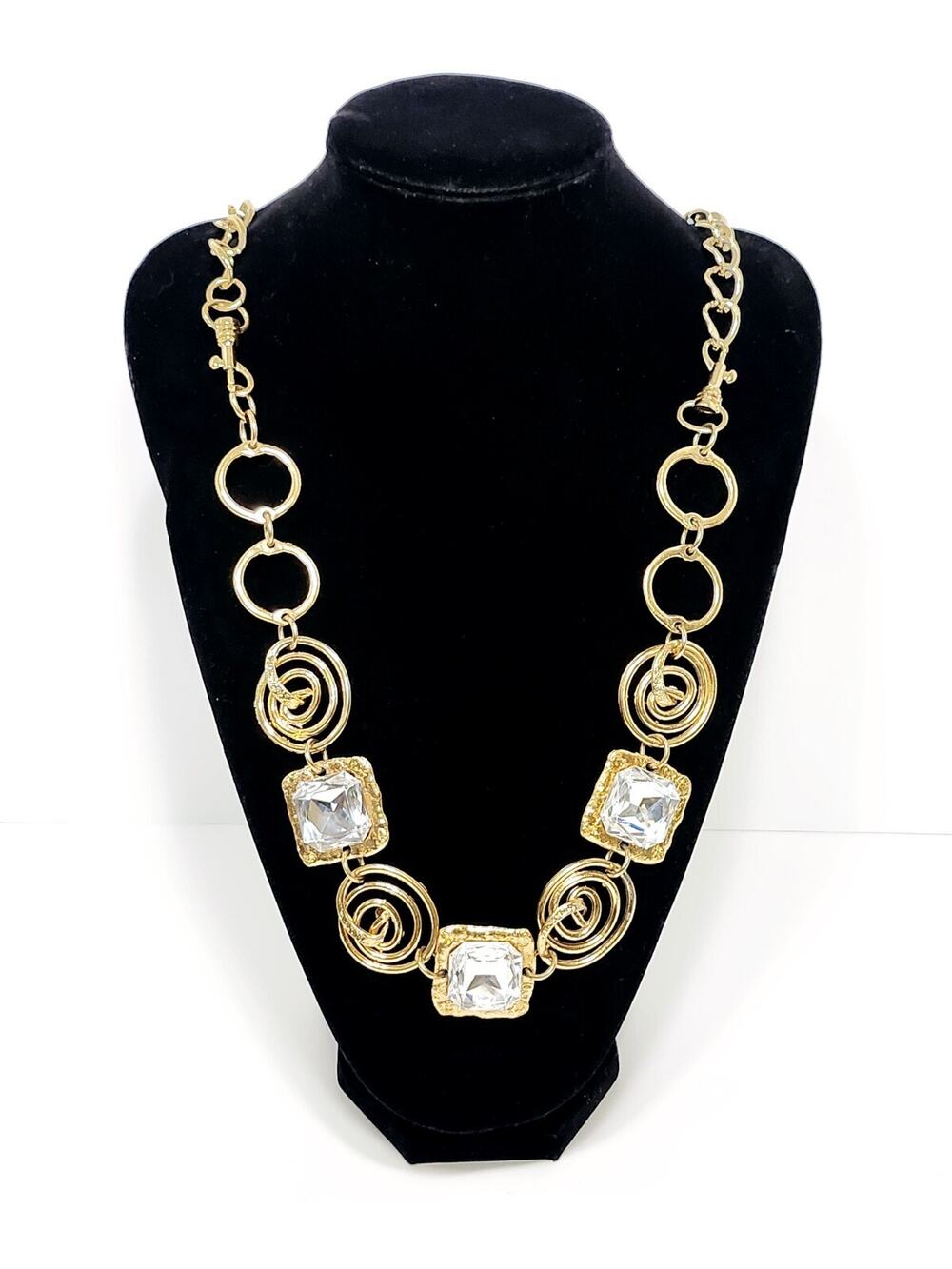 J Jansen Modernist Brutalist Gold Plate Crystal Chain Necklace - Approx 36"